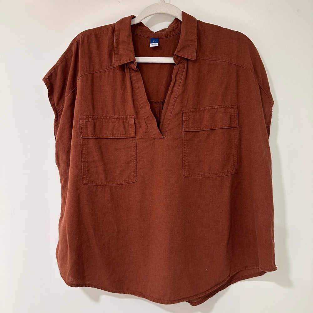 Old Navy Linen-Blend V-Neck Top Women XL Rust Brown Pocket | Coastal Boho